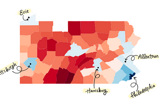 A map of Pennsylvania and each of its counties, colored on a scale from Red to Blue representing Dem/Rep votes.