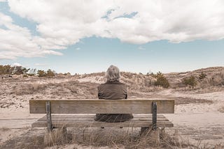 A person with gray hair sitting on a bench, facing away from the camera, looking toward the horizon.