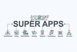 A hero image that shows an example of all the different types of apps that comprise a super-app. Social network, calling, chatting, banking, shopping, food delivery, payments, ride sharing etc.