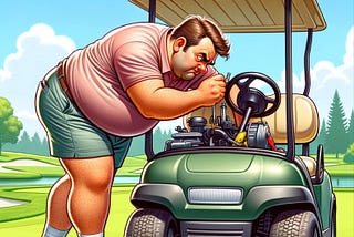 A cartoon of a stocky man bent over his golf cart, adjusting something in the motor on a bright, sunny summer day.