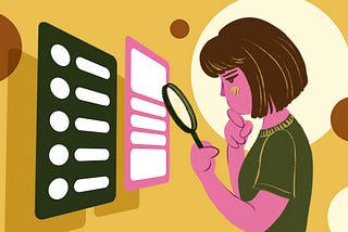 Colorful illustration of a woman holding a magnifying glass and examining some abstract UI screens