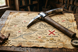 A shiny pickaxe over a vintage treasure map on a table. (AI entrepreneurship is the new goldrush.)