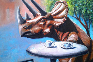 an oil painting of a triceratops drinking tea at the terrace of a restaurant