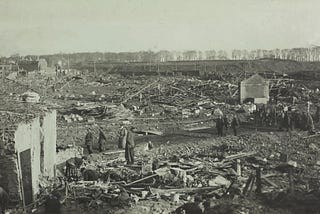 Black and white picture of destroyed town