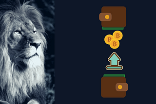 bitcoin transaction between two wallets with a lion in the left background