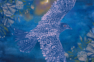 Collaged watercolor closeup of a bird flying past flowering trees in the moonlit night.