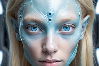 A blue eyed blond haired human alien hybrid