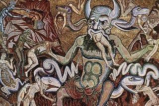 mosaic of a monster and snakes eating people