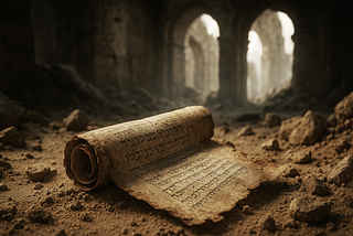 Image of an old, cracked scroll with faded Hebrew writing, partially buried in sandy ruins, with broken stone arches in the background and light softly shining through.