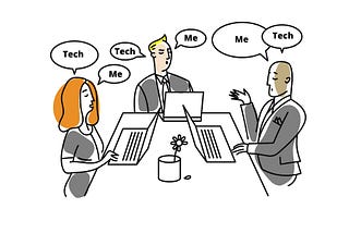 People sitting around a table with speech bubbles above them with either “tech” or “me” in them.