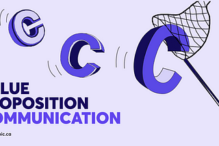 Title: Value proposition communication. Illustration, a catcher with a net trying to catch three flying ‘C’ letters.