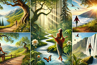 Five different images of nature, winding paths, trees, sunlight, waterfalls, butterflies, birds, each image contains the figure of a women, walking in the stream or on the beach or path. Cartoon, surreal type images drawn by AI program
