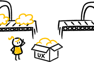 A drawing of a conveyor belt between ‘design’ and ‘art’, that is broken in the middle, dropping little clouds coming out of design into a box labelled UX below the conveyor with a little stick person looking confused at the box.