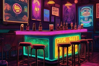 A cartoon-like image of the inside of a dive bar. Neon lights provide a colorful lighting for the bar, barstools, and beer bottles on the bar.
