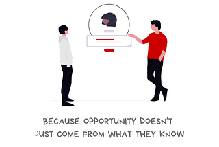 Image with the message I broaden my professional orbit. Because opportunity doesn’t just come from what they know. It comes from who they know. There’s an illustration of two white men discussing a candidate who appears to be a woman with brown skin. Along the bottom of the graphic is the @BetterAllies handle and credit to @ninalimpi for the illustration.