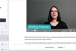 A preview of the course in Thinkific. The instructor Christine is shown on video and in the sidebar you see the sections of the course: intro, codes of conduct, harassment, etc.