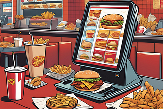 Fast food such as burgers, fries and sodas on a table in a restaurant, with an ordering screen on the table displaying more of the same fast food options.