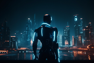 A futuristic city skyline filled with neon lights and towering skyscrapers, with a humanoid robot in the foreground holding a briefcase and wearing a suit. The robot’s face is blurred, leaving it ambiguous whether it is human or machine
