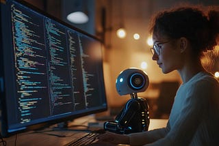 A female developer with glasses and curly hair works at her desk in warm, ambient lighting. She’s focused on multiple screens of colorful code while a small blue robot AI assistant sits beside her keyboard. The intimate workspace setting creates a collaborative atmosphere, showing human and AI working together rather than competing.