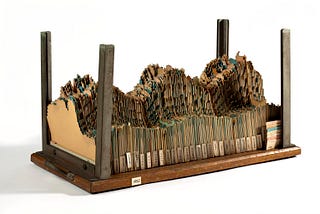 Three-dimensional chart used by Central Electricity Generating Board, c.1954. It charts patterns of consumption over a period of two and a half years. The graph shows peaks in the winter and dips during warmer months. The model consists of about three hundred cards with square-cut stepped edges in an enclosure of chrome steel uprights, mounted on a wooden base, with a handle at each end. Text by the Science Museum Group. (CC BY 4.0)