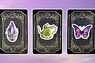 Three oracle pick a card piles: pile 1 — crystal, pile 2 — teapot, and pile 3 — butterfly