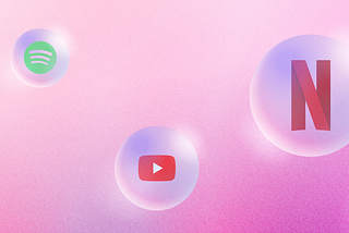 The Netflix, Spotify and Youtube logos float in a three dreamy pink and purple bubbles against a gradient background.