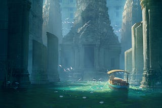 A boat in an ancient flooded temple.