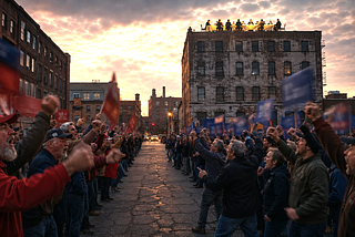 Two angry crowds face off in a cracked mill-town street at dusk while, unnoticed above them, suited figures dine at a glowing rooftop banquet table.