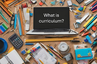 A collage of educational materials like textbooks, pens, pencils, and digital devices. On a laptop screen it says, “What is curriculum?”