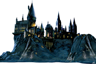 Hogwarts, an enormous castle at night.