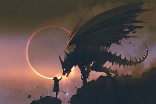 Human art, digitally created image of a man and a dragon