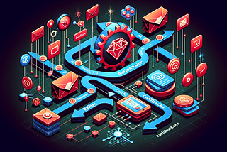 An image showcasing the functionality of ActionMailer::Callbacks in Rails 7.1, featuring elements of email communication and programming callbacks. Interconnected icons like envelopes, arrows, and coding symbols illustrate the process of sending emails and triggering actions in Rails. Ruby on Rails themes are incorporated with ruby-colored gemstones and rail elements, set against a backdrop of digital motifs in reds, blues, and greens, embodying a modern, tech-savvy atmosphere.