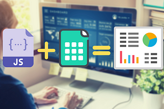 JavaScript source code file icon; plus sign; spreadsheet icon; equals dashboard