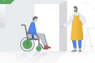 Una persona con silla de ruedas entrando en un establecimiento accesible