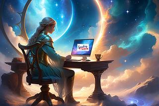 Illustration of a woman sitting at a desk looking at a computer while surrounded by stars