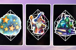 Three tarot pick a card piles: pile 1 — stars, pile 2 — wizard, and pile 3 — bottles