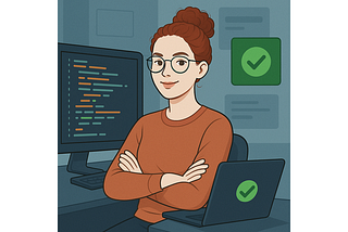Illustration of a confident female programmer with glasses sitting at a desk, arms crossed, in front of computer screens displaying code, with a green checkmark symbol indicating success.