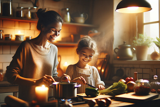 A serene and touching scene in a cozy kitchen where a young girl and her mom are preparing a meal together. Despite the simple task, they are both smiling.