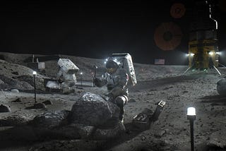 Astronauts on the moon doing geology with a Starship HLS in the background.