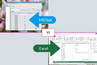 A screenshot of MIObdt set diagonally from a screenshot of Excel with “vs” in the center between them