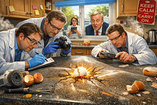 Wide, humorous illustration of a chaotic British kitchen where a tiny glowing eggshell is fused to a bulging countertop. Several baffled scientists in lab coats examine it with clipboards and gadgets, while a government minister peers through the window in shock. Broken cleaning tools, spilled egg, and a “Keep Calm and Carry On” sign add to the comic absurdity.