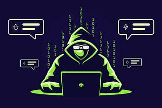 Digital illustration of a hooded figure at a laptop, surrounded by binary code and speech bubbles resembling AI prompts and social media comments. The style is neon green on dark blue, evoking a hacker-like aesthetic.