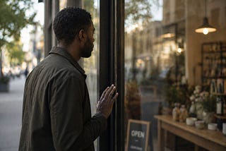 A man pauses outside a storefront, gazing inside with his hand close to the glass door.