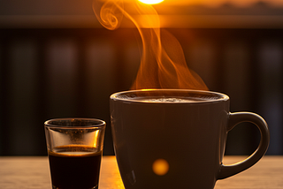 A cup of coffee sits as the sun rises in the distance. Vapor rises from the coffee.