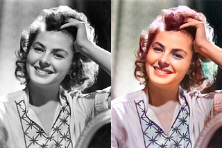 The screenshot displays black and white old photos of Ingrid Bergman — the input (Left) and its colorized version (Right) — created using Pixbim Color Surprise AI.