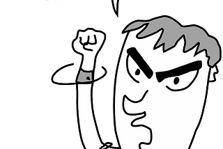 A black and white line drawing of a man with thick eye brows holding his fist in the air and swearing