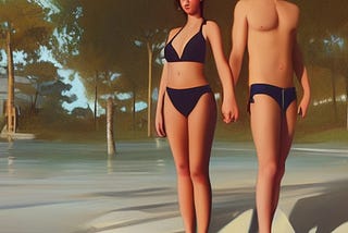A digital art AI painting of a young couple with a perfect body, surrounded by excellent nature background.