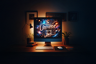 picture of a glowing computer monitor with a cosmic desktop screen that reads “the universe has your back”