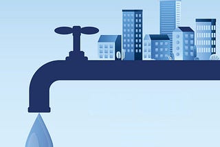 Imagen de un grifo del que gotea agua y una ciudad.