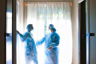 Two female nurses stand dressed in personal protective equipment in front of a sun-filled window of a hospital corridor.